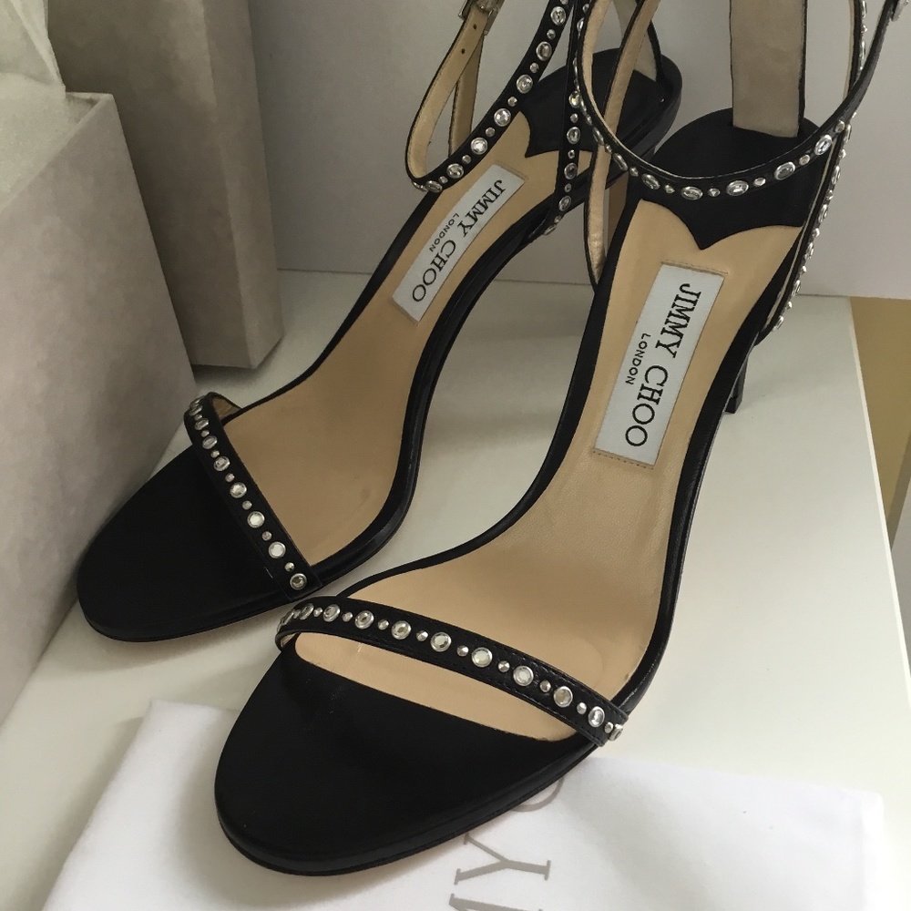 Jimmy Choo Black Crystal-Studded Open-Toe Ankle Strap Sandals